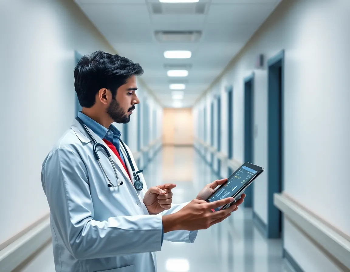 A clean and modern hospital corridor with a doctor reviewing patient data on a tablet.
