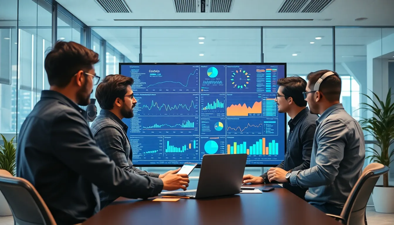 A diverse team of data scientists collaborating around a large screen displaying complex data visualizations in a modern Bangalore office.