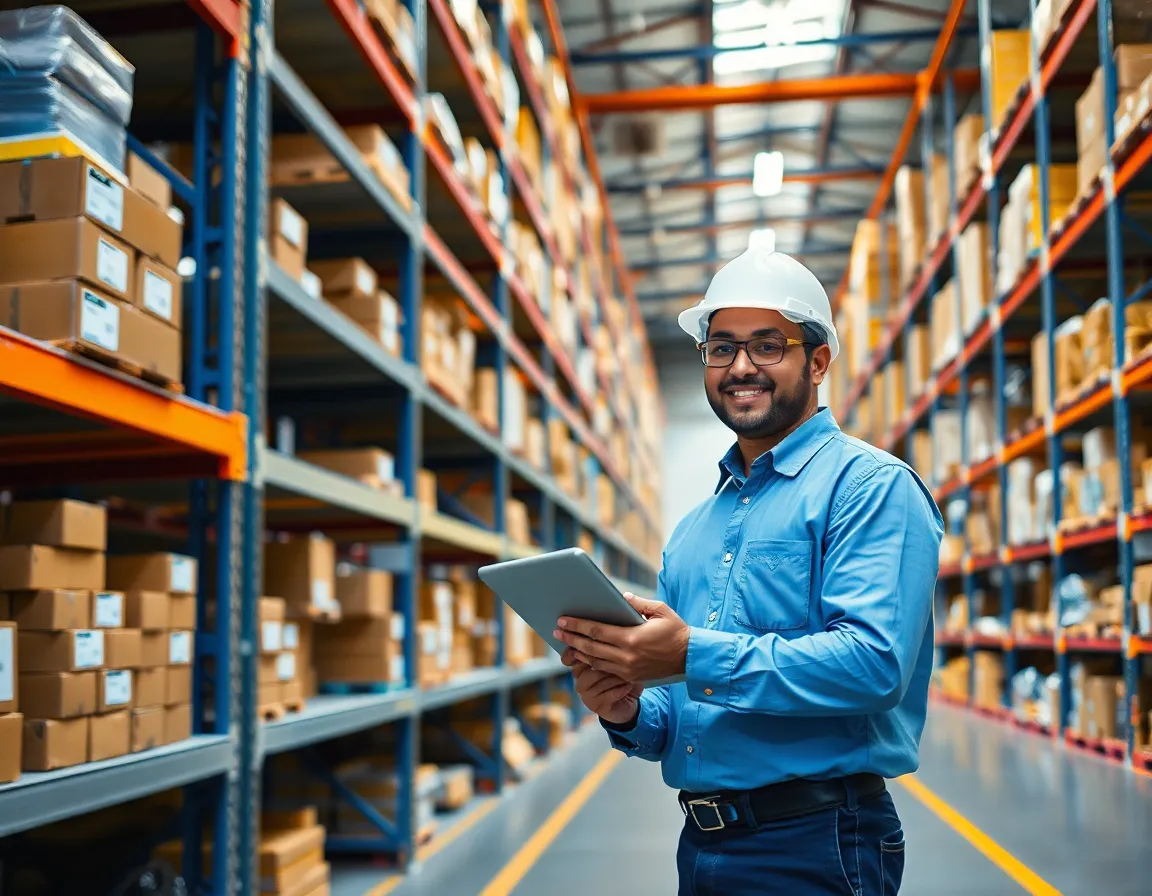 A factory floor with well-organized inventory on shelves, being managed by a worker with a tablet.