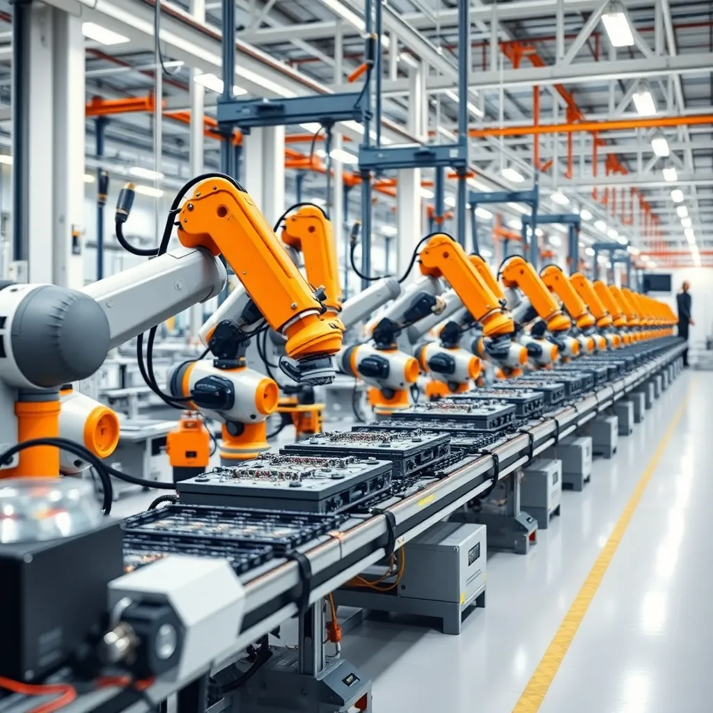 A high-tech manufacturing facility with robotic arms assembling components on a production line.