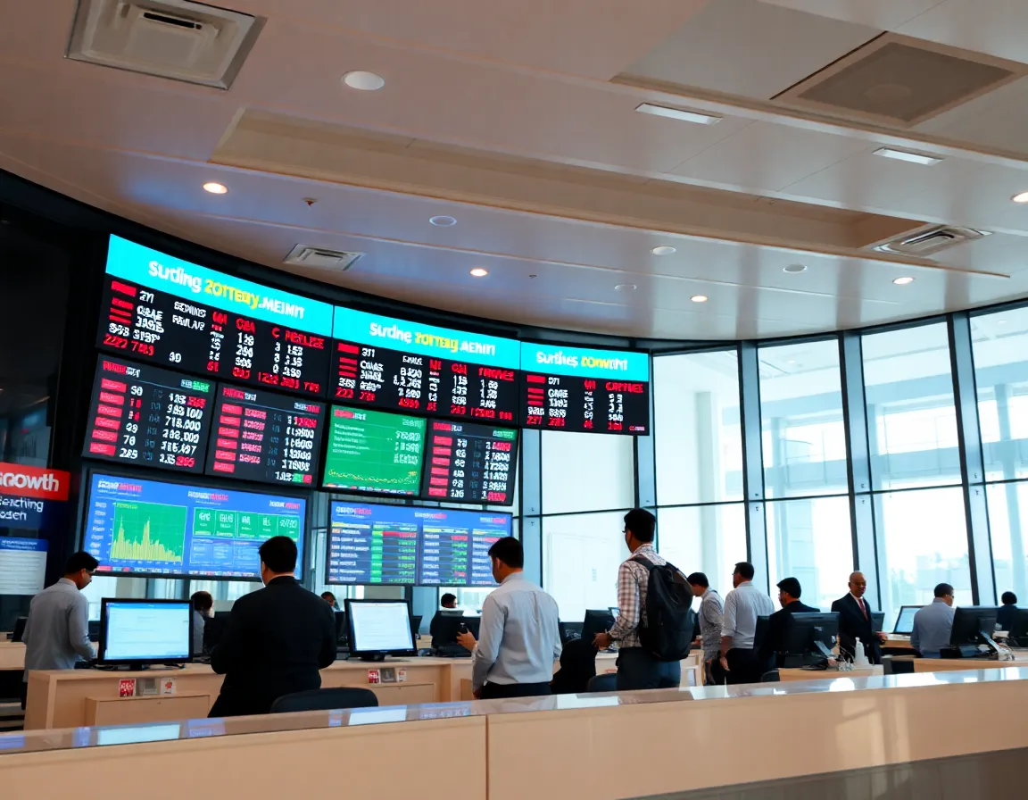 A modern bank interior with digital screens showing stock market data and customers interacting with tellers.