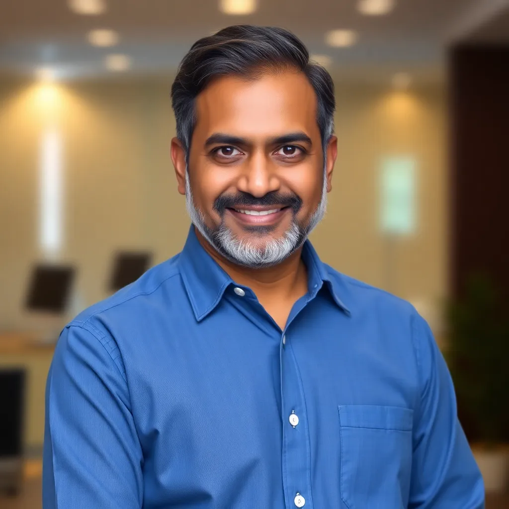 Portrait of a confident Indian male CEO in his early 40s with a light beard, wearing a formal blue shirt.