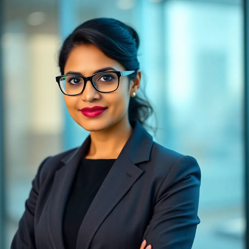 Portrait of a sharp Indian female executive in her late 30s, wearing a business suit and glasses.