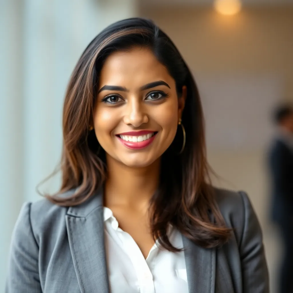 Portrait of an approachable Indian woman in her early 30s, smiling warmly, dressed in smart casual attire.